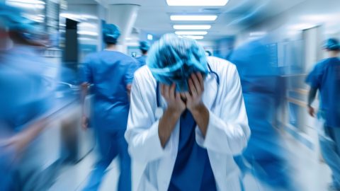 Stress of a doctor in a hectic hospital during a busy shift